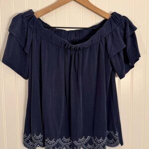 Alya Women’s Off The Shoulder Embroidered Hem Short Sleeve Size XS
